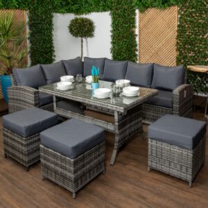 Bumpstead - Grey Rattan Casual Dining Sofa Set - High Backed with Dining Table and Three Stools